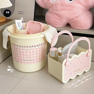 Combo Xô Tắm Chậu Rửa Mặt Kèm Giỏ Đựng Đồ Đa Năng Họa Tiết Caro Dễ Thương Chất Liệu Nhựa PP Cao Cấp