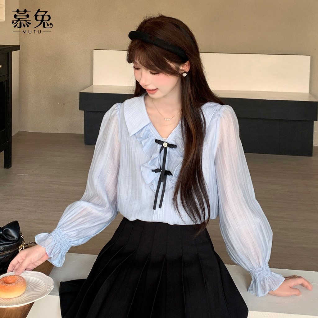 Mutu Áo Sơ Mi Nữ Màu Xanh Dương Nhẹ Nhàng, Cổ Chữ V, Kiểu Dáng Thoải Mái Phù Hợp Mùa Xuân