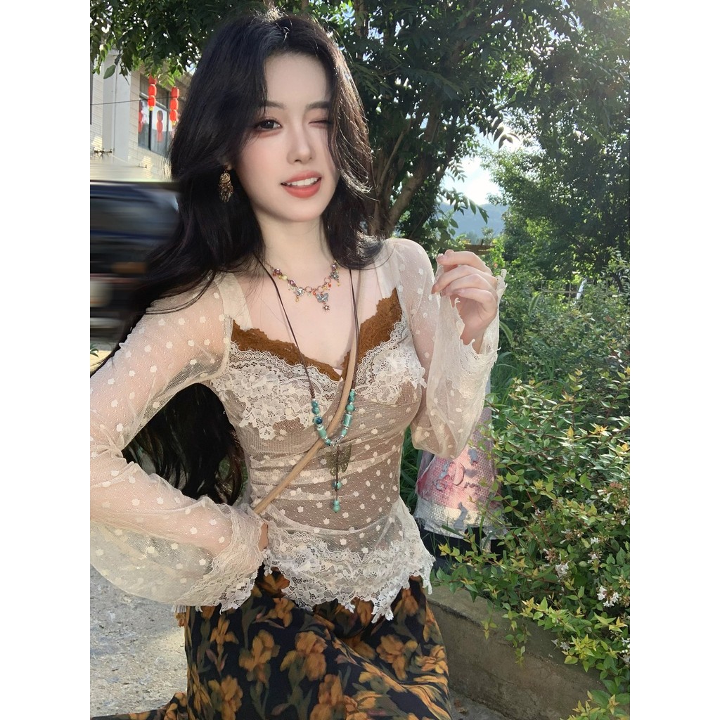 Pure Desire Style Bộ đồ gợi cảm Ren chấm bi Quần áo nữ hai mảnh