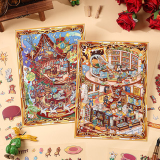 ENWEI 3 Cái [Khung Truyện Cổ Tích Series] Miếng Dán Phong Cảnh Lớn 3D Chống Thấm Nước Wonderland Adventure Stardust Dance Phong Cách Hoạt Hình Màu Đỏ Để Viết Nhật Ký Trang Trí Người Lập Kế Hoạch