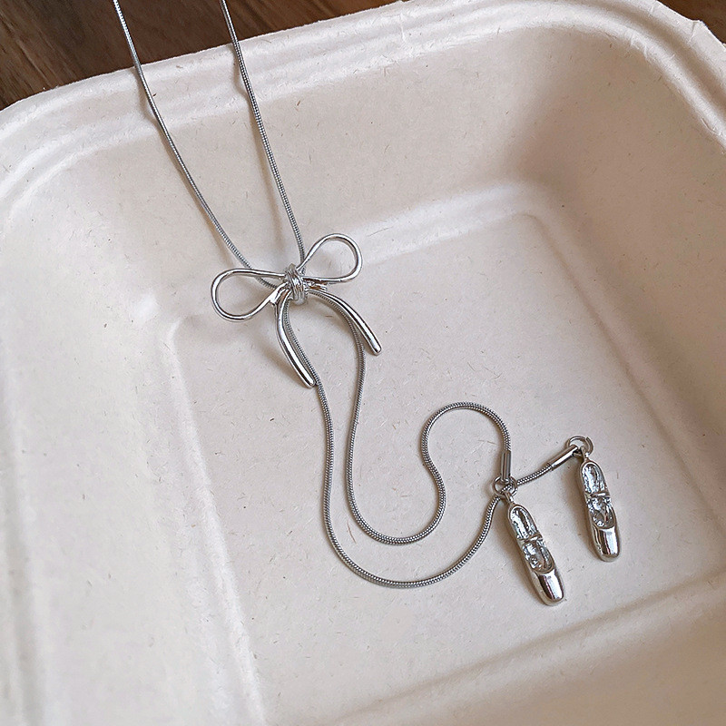 Màu Bạc Nơ & Giày Ba Lê Vòng Cổ Lariat Cho Nữ, Balletcore Dainty Tối Giản Có Thể Điều Chỉnh Tua Rua Trang Sức