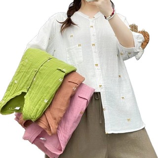 Hàng sẵn có] Áo sơ mi nữ 100% Cotton chất lượng cao Áo sơ mi thêu văn học Nơ tay ngắn tay trung bình Xanh đại học mùa hè hàng đầu