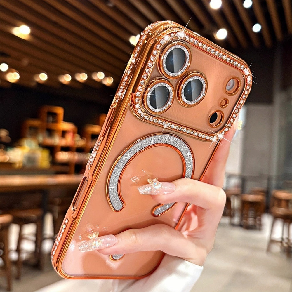 Ốp điện thoại từ tính kim cương lấp lánh cho iPhone 17 Pro Max 12 13 14 15 16 Pro Max Ống kính bảo vệ Camera Vỏ chống sốc Vỏ mềm TPU Vỏ bảo vệ điện thoại