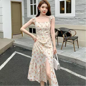 Mùa hè Phong cách mới kiểu Pháp cổ điển eo hẹp thon gọn hơn Váy đeo chéo kiểu hoa xẻ tà nhẹ nhàng