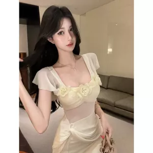 Lưới Hoa Nhỏ Bay Tay Đầm Nữ Mùa Hè Nguyên Chất Desire Gợi Cảm Filigree Khe Dài Váy Cổ Tích Váy Đẹp