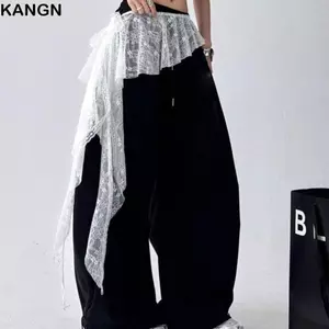 KANGN Ren Xù Váy, Y2K Dạo Phố Nhìn Xuyên Qua Ren Mini Váy, Cao Cấp Không Đều Bông Tai Kẹp Ruched Váy