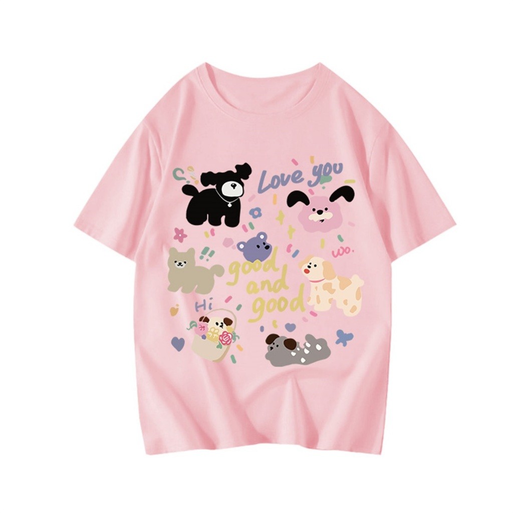 （Giao hàng 24h）Angela Áo phông nữ màu hồng cute dog ashion  áo thun nữ tay lỡ ngắn cổ tròn 100% cotton Y0350