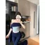 Hot Girl Màu tương phản không đều Áo thun ngắn tay một vai Mùa hè Phong cách mới Slim-Fit S