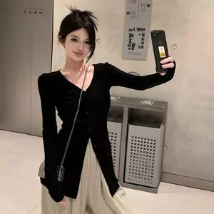 Pure Desire Kem chống nắng lụa băng phong cách Hàn Quốc Mùa hè Áo len Cardigan cổ chữ V phong cách mới dành cho nữ Hot Girl Màu đen Tính khí dài tay