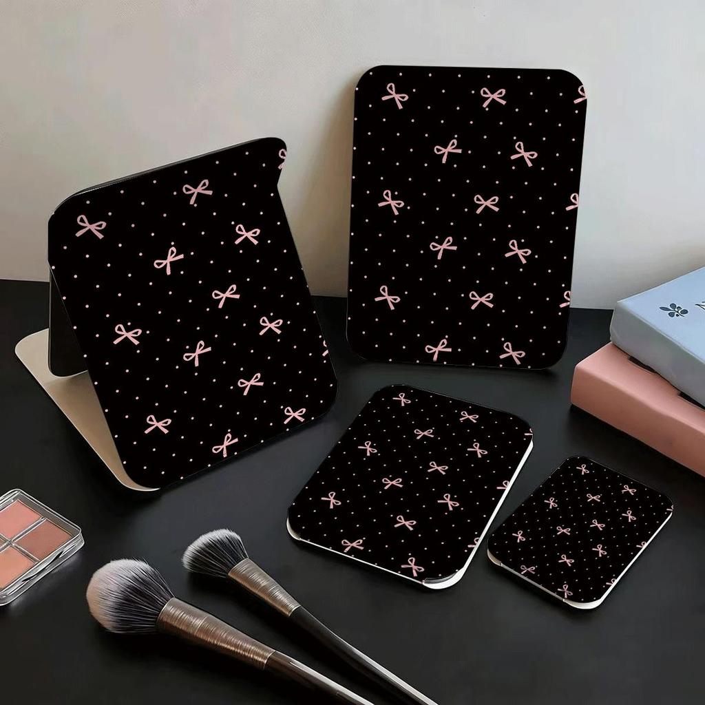 Gương gấp mini họa tiết nơ hồng nền đen gương makeup nữ cá tính