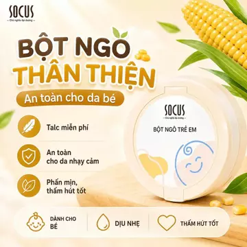 Bột phấn rôm SOCUS –bột ngô tự nhiên,thấm hút mồ hôi, ngừa rôm sảy,chống hăm cho bé.An toàn, không talc. Hàng chính hãng