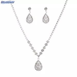 Bluelover Vintage Pha Lê Giọt Nước Mặt Dây Chuyền Nelace Bông Tai Bạc Cưới Bộ Trang Sức Mới