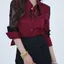 Áo Sơ Mi Đỏ Nữ Phong Cách Mới Cao Cấp Ánh Sáng Sang Trọng Pháp Thời Trang Tính Khí Áo Sơ Mi Nữ Gợi Cảm Ren Khâu Top Nữ
