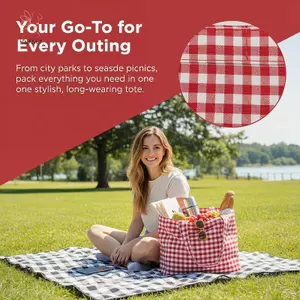 Túi Tote vải HNKMP Gingham có thiết kế kẻ sọc trắng và không gian rộng rãi Hoàn hảo cho công việc đi học Mua sắm sử dụng hàng ngày.