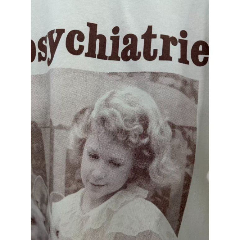 Chất Lượng Cao Retro Cũ Hình Ảnh Bé Gái Và Chó In Hình Rời Nam Nữ Áo Tương Phản Vân Cạnh Cổ Tròn Áo Thun Tay Ngắn