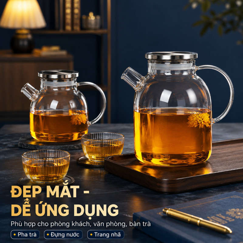 Bình nước thủy tinh borosilicate, bình đựng nước nắp inox 304, bình lọc nước pha trà 1L/1.8L