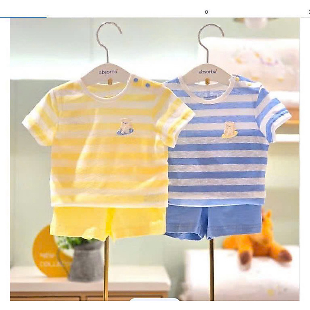Bộ quần áo cộc tay absorba kẻ sọc phối gâu thêu chất mềm mát (k có cúc vai + bộ kẻ xanh gấu lướt ván xanh như ảnh chụp)