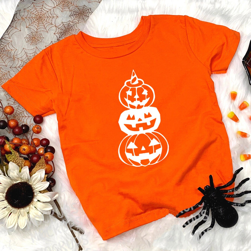 Áo thun ngắn tay in họa tiết bí ngô Halloween cho trẻ em 2-14 tuổi