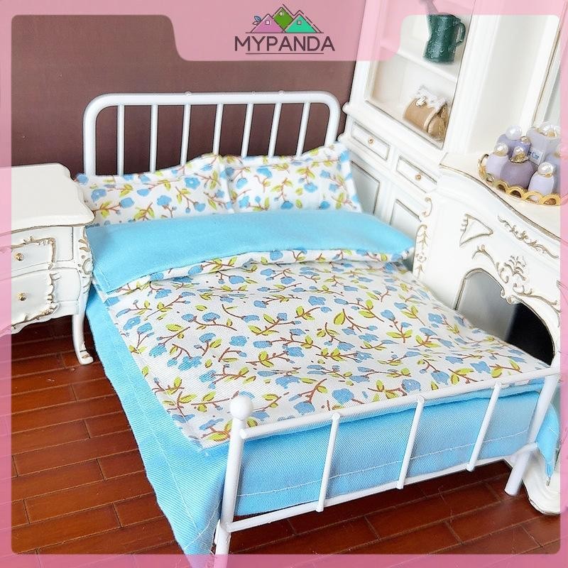 MYPANDA Bộ giường thu nhỏ 1/12 cho nhà búp bê: 4 món ga trải, trang trí phòng ngủ búp bê