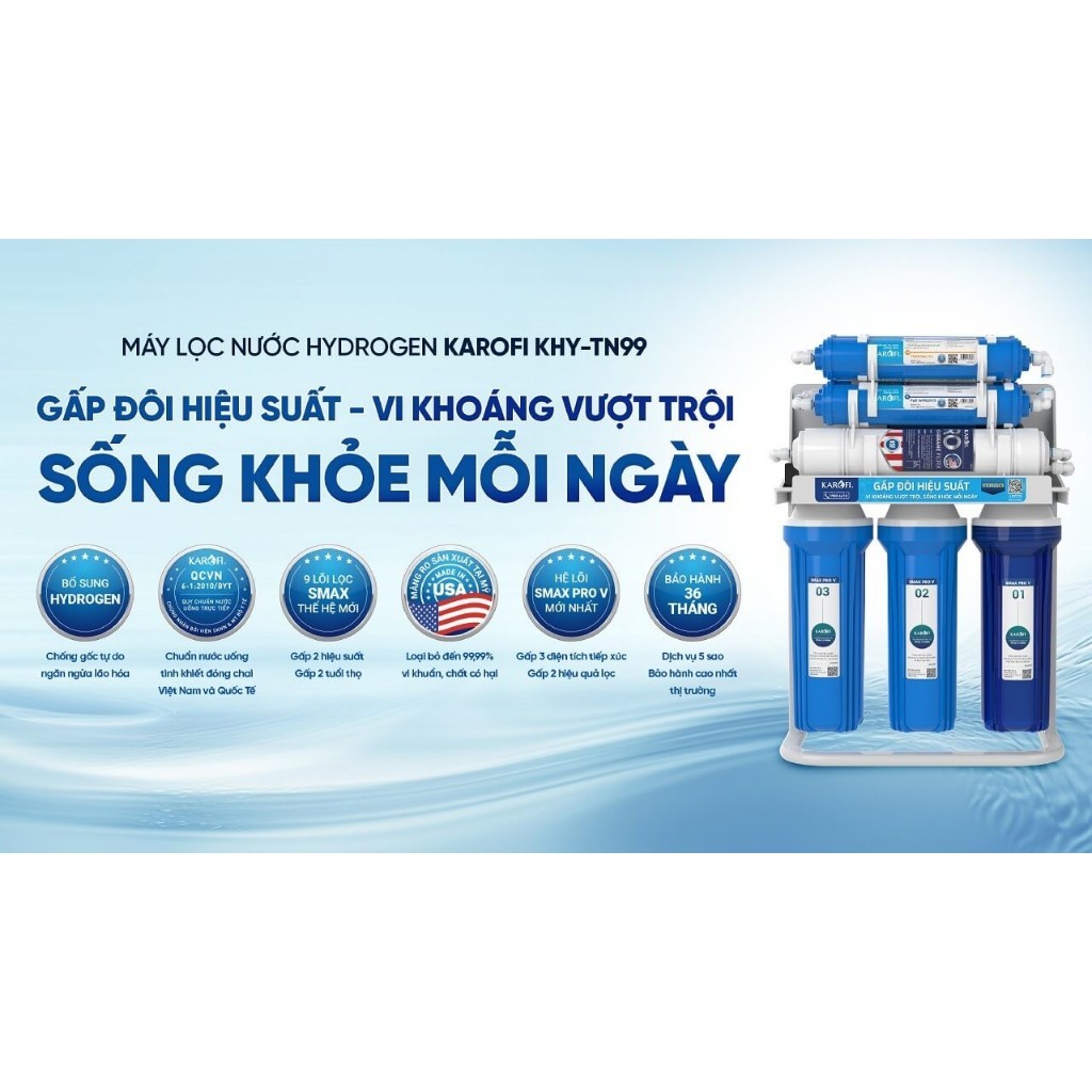 Máy Lọc Nước Karofi KHY-TN100 Gồm 10 Lõi Lọc Mới Giúp Tăng Kiềm Bảo Hành 3 Năm - Hàng Chính Hãng Tặng kèm Bút Thử Nước