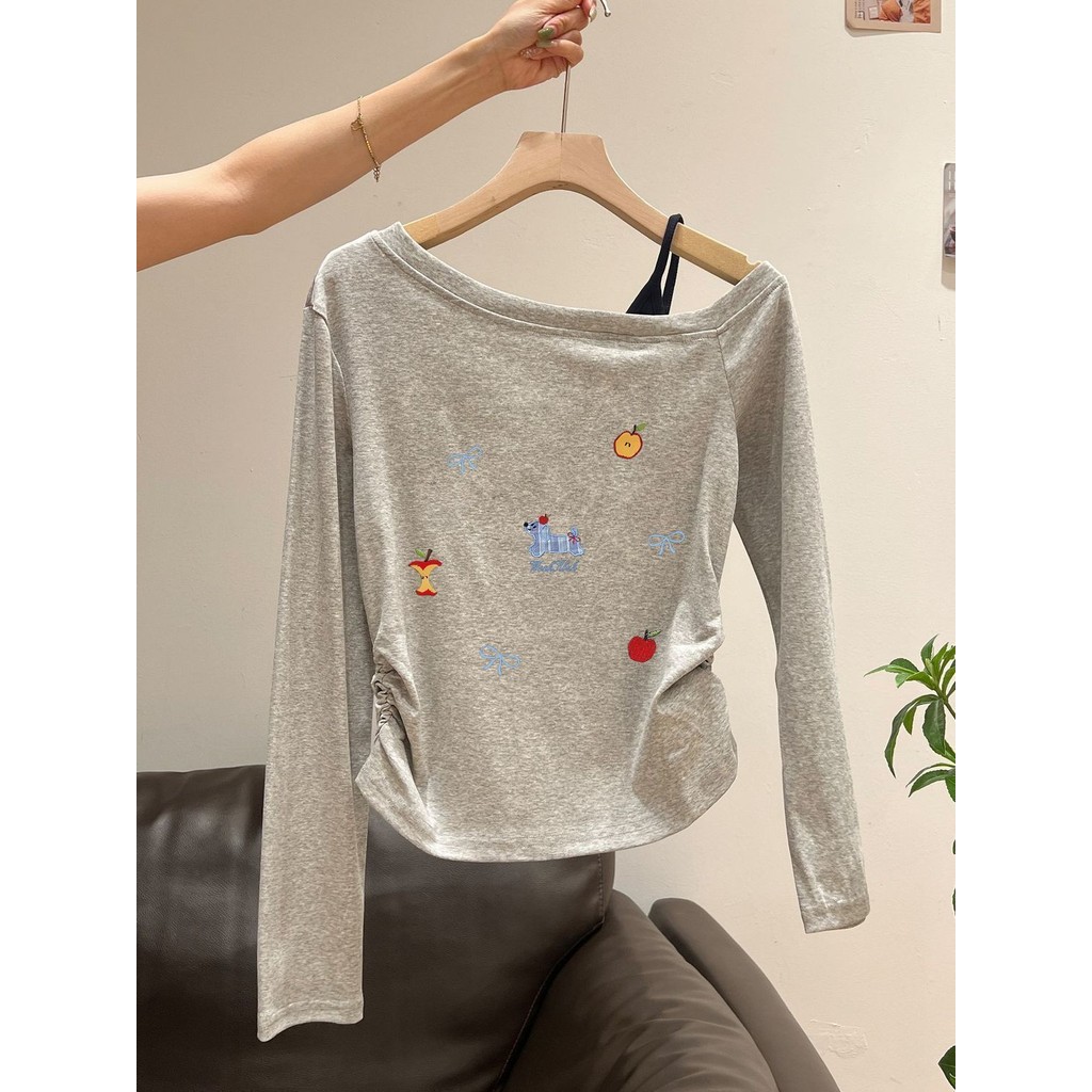 Milyfashion Retro Đeo Vai Dài Tay T Thu Đông Phù Hợp Với Niche Slim-Fit Xếp Ly Quần Áo Nữ