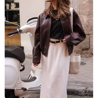 áo khoác Zara made in Morocco da PU mận hoặc đen khóa kéo kiểu dáng moto khỏe khoắn