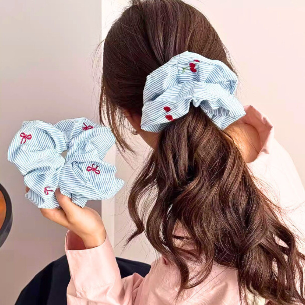 Dây buộc tóc nơ cherry thêu đỏ kẻ sọc, set đôi dây chấm bi vintage hàn quốc cho bạn gái