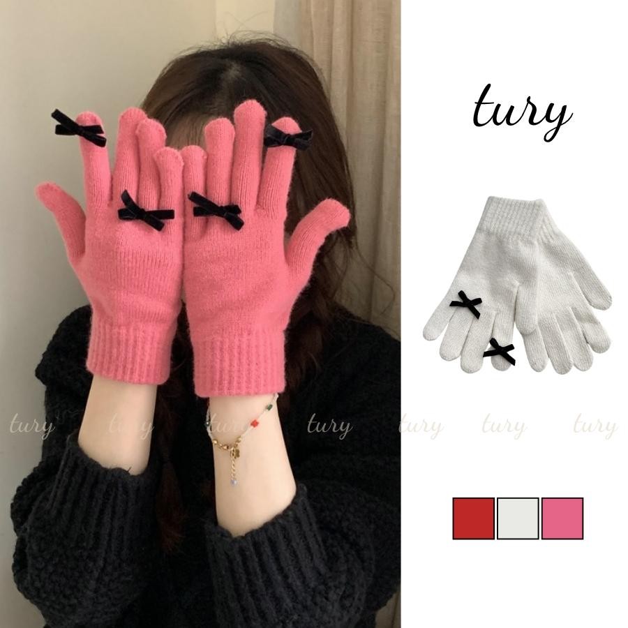 Găng Tay Len Nam Nữ Unisex - Tury - Bao Tay Dệt Kim Hở Ngón Cảm Ứng Điện Thoại Họa Tiết Đính Nơ Giữ Ấm Mùa Đông - GT040