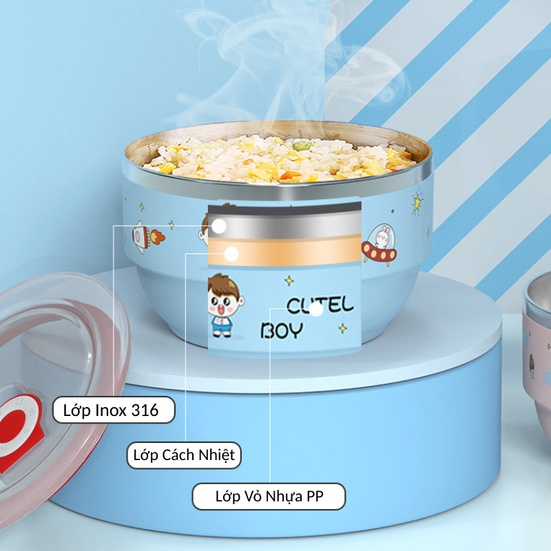 Bát Trẻ Em Inox 316 KOOBEE 450ml | Bát Ăn Dặm Chống Vỡ Nhựa PP Cách Nhiệt An Toàn Cho Bé | 327