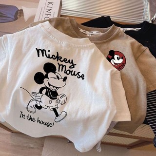 Mùa Xuân Thu Phong Cách Mới Trẻ Em Hoạt Hình Mickey Cổ Tròn Dài Tay Giả Hai Mảnh Bé Trai Thời Trang Đáy Áo Sơ Mi