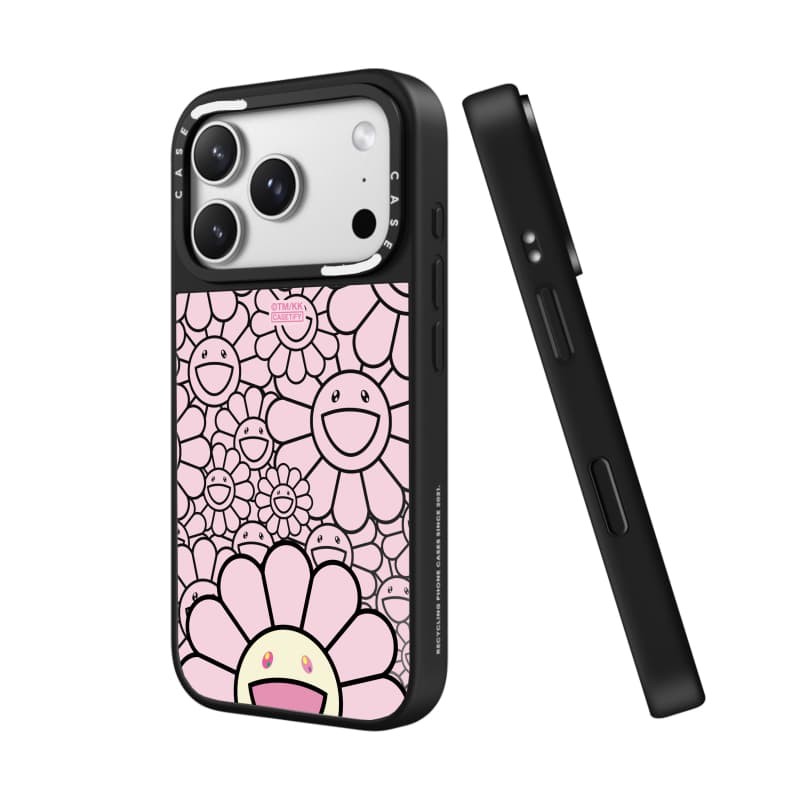 TAKASHI MURAKAMI x CASECASE: FLOWERS BLOOM SMILE (HỒNG) Gương đen & bạc Vỏ iPhone hút từ tính cho iPhone 17 Air 16 15 14 13 12 Pro Max Plus logo khắc