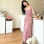 Váy yếm in hoa hồng hồng, giảm béo và thanh lịch, có eo ố dành cho nữ
