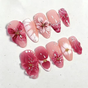 30 Miếng Ba Chiều Handmade Hạnh Nhân Đeo Móng Tay Mạ Vàng Hoa Ngọc Trai Pháp Làm Móng Tay Miếng Móng Tay