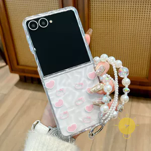 Phone Case For SAMSUNG Galaxy ZFlip7 / ZFlip6 / ZFlip5 / ZFlip4 / ZFlip3 / ZFlip 7FE TPU Transparent Chain Cat Heart Fold Translucent Aesthetic Korean Cute