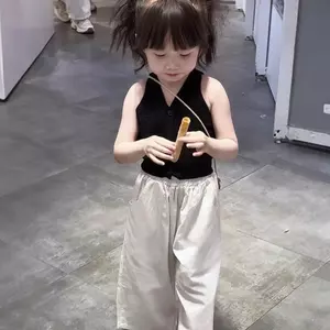 Bé gái (90-140) Áo Vest cổ chữ V thời trang phong cách mới mùa hè + Quần thẳng mỏng