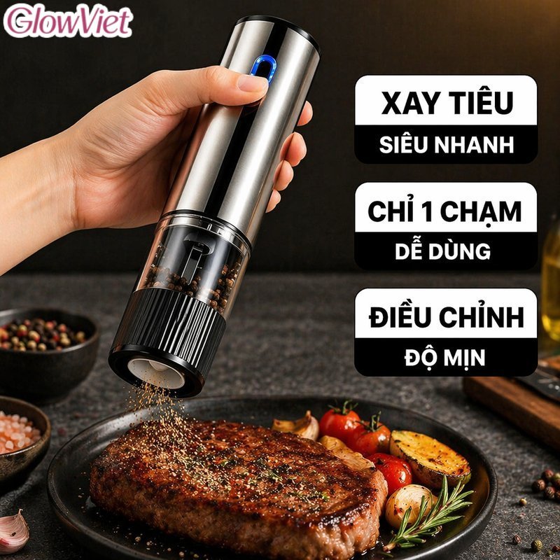 máy xay tiêu điện mini inox cảm biến nghiêng sạc type c lõi gốm chỉnh mịn xay muối gia vị