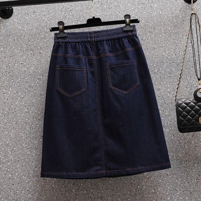 [Khuyến mãi trong thời gian có hạn] Váy Denim dài vừa phải màu xanh đậm co giãn lưng cao Váy xẻ trước có khe hở phía trước hàng ngày cho bé gái