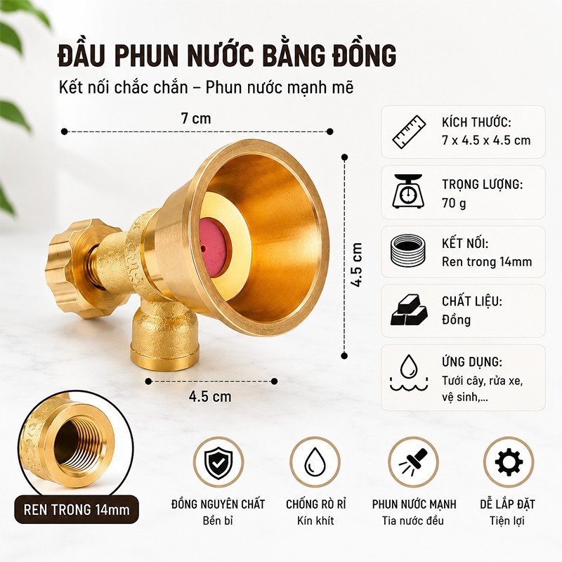 Đầu Phun Nước đồng Ren Trong 14mm Vòi Tưới Cây Tăng áp Xoay Chỉnh Tia Nước Rửa Xe Sân Vườn