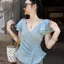 Mùa hè Pháp lãng mạn Top Tính khí đẹp cao cấp Cảm giác màu xanh cổ chữ v Xù Áo sơ mi eo móc