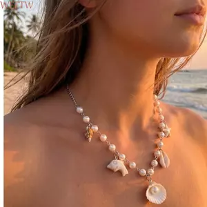 Vòng cổ ngọc trai WEETW, Vòng cổ theo chủ đề đại dương đính cườm hợp kim, Thời trang ngọt ngào mát mẻ Nhẹ Y2K Chuỗi vòng cổ kỳ nghỉ