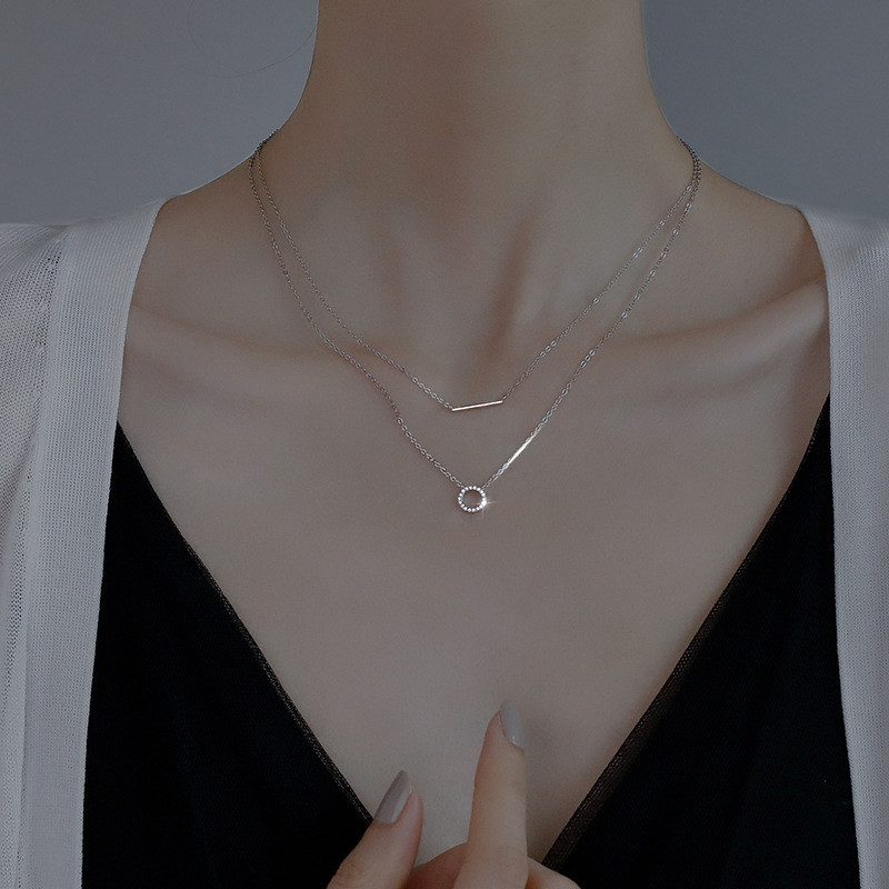 Vòng cổ bạc hình học hai lớp dành cho nữ có cảm giác thiết kế cao cấp