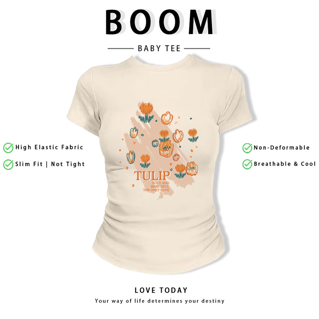 BOOM Áo Baby Tee Nữ Cotton Ôm Body-Áo Thun Ngắn Tay Y2K In Hình PhongCách Mùa Hè, Cổ Tròn Hàng Đầucách hàn quốc phong360