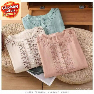 Giao hàng nội địa từ Việt Nam Mỏng Phong Cách Cổ Tròn Áo Sơ Mi Thêu Nữ Rời Nút - Perfect Cho Mùa Hè
