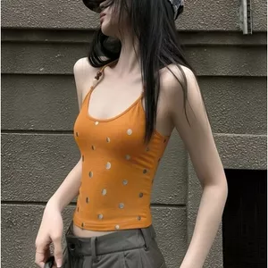 Áo yếm đính cườm in chấm bi phong cách Hàn Quốc dành cho nữ mùa hè Phong cách mới Slim-fit Slimmer Look White Top