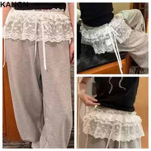 KANGN Ren Mini Váy, Y2K Dạo Phố Thêu Hoa Ren Xù Váy, Bông Tai Kẹp Nhìn Xuyên Qua Váy Xếp Ly Trang Trí Quần Jean