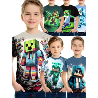 Pixel Creeper Zombie Kim Cương Giáp Trẻ Em Áo Thun Tay Ngắn Bé Trai Mùa Hè Pixel Vuông Hoạt Hình Thoáng Khí Tay Ngắn Giữa Lớn Trẻ Em 3-13 Tuổi Thường Ngày Trẻ Em