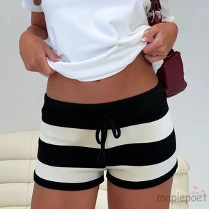MAPLEPOET-Quần short Mini sọc dệt kim dành cho nữ Dây rút Quần short siêu nhỏ eo thấp cho mùa hè thường ngày