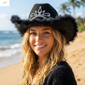 ZENZON Mũ cao bồi Tiara đính kim cương giả, Vành cong rộng Phong cách phương Tây Mũ cao bồi dự tiệc lông vũ, Thời trang mềm mại Hình dạng nỉ giữ có thể điều chỉnh Mũ cao bồi phương Tây lấp lánh Váy lạ mắt
