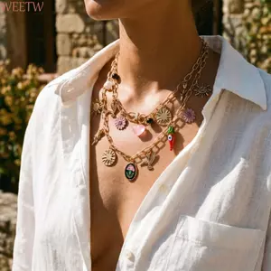 Vòng cổ tráng men WEETW, Vòng cổ mặt dây chuyền hoa hướng dương chim bay, Phong cách dân tộc cổ điển đơn giản nhiều lớp xếp chồng lên nhau Dây chuyền xương đòn Bohemian cho bé gái