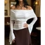 MAPLEPOET-Áo thun trễ vai dành cho nữ Gấp trên dài tay loe chắc chắn Slim Fit Ribbed Đan crop top